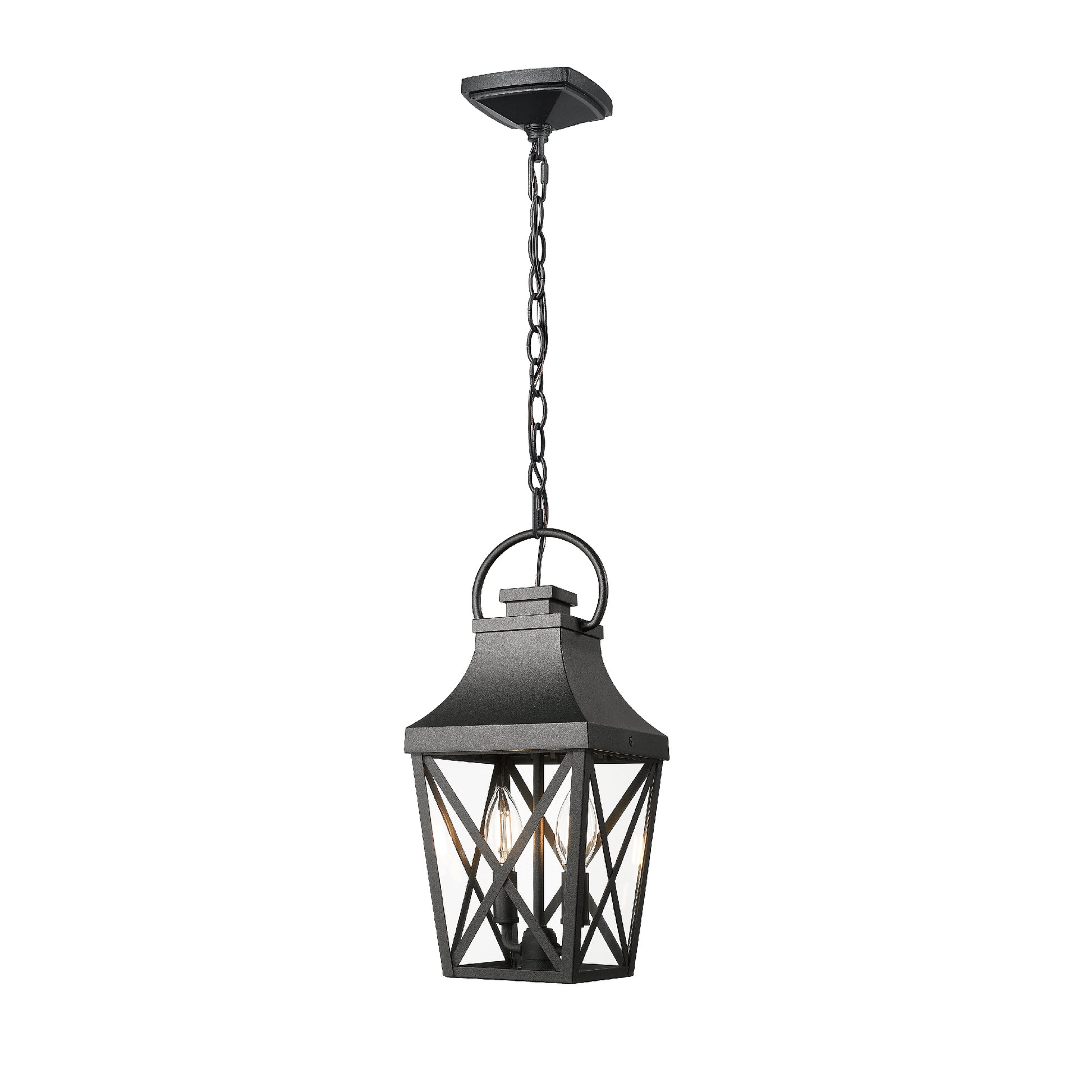 Black metal hanging lantern with clear glass panels and two candle bulbs
