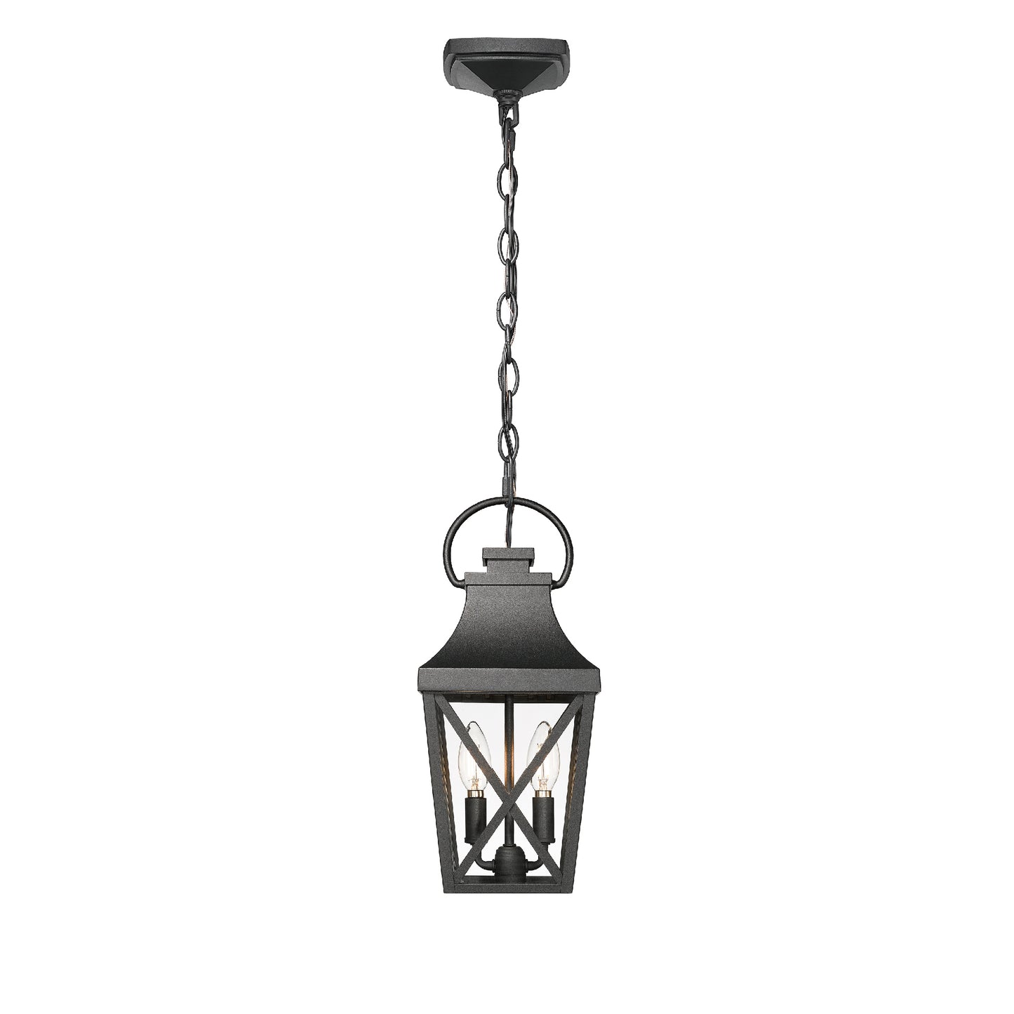 Black metal lantern pendant light with chain suspension and two visible bulbs