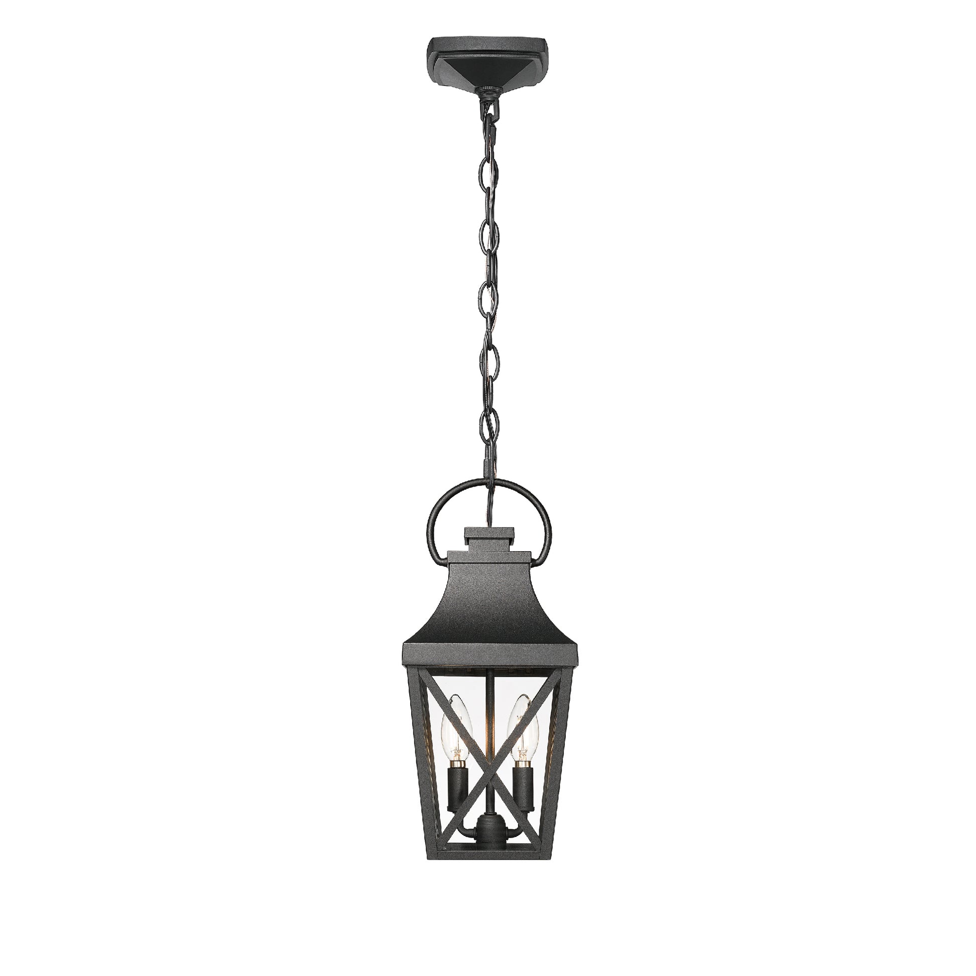 Black metal lantern pendant light with chain suspension and two visible bulbs
