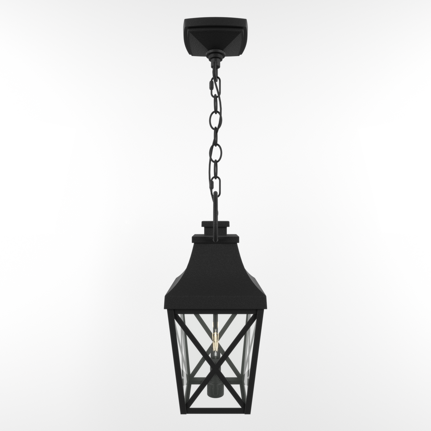 Black outdoor lantern pendant light with chain suspension