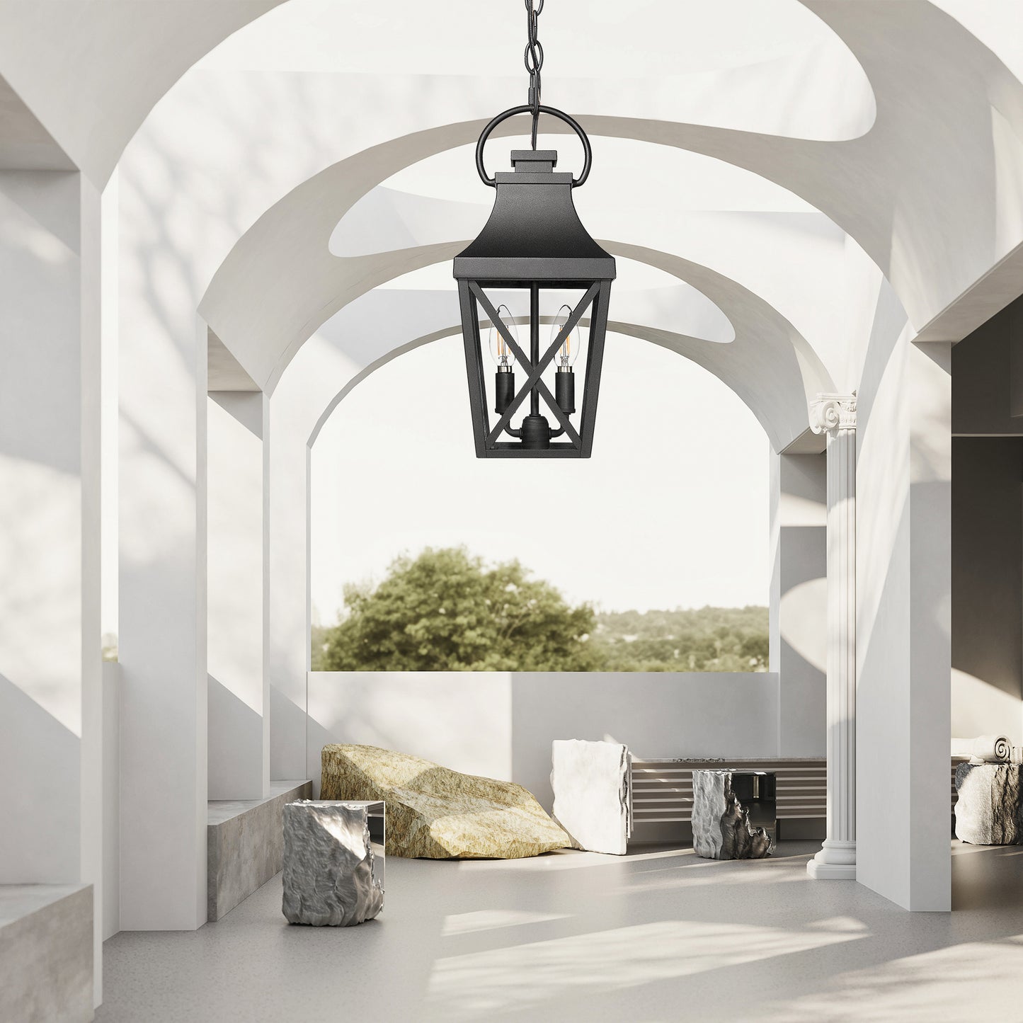 Black traditional hanging lantern with two bulbs