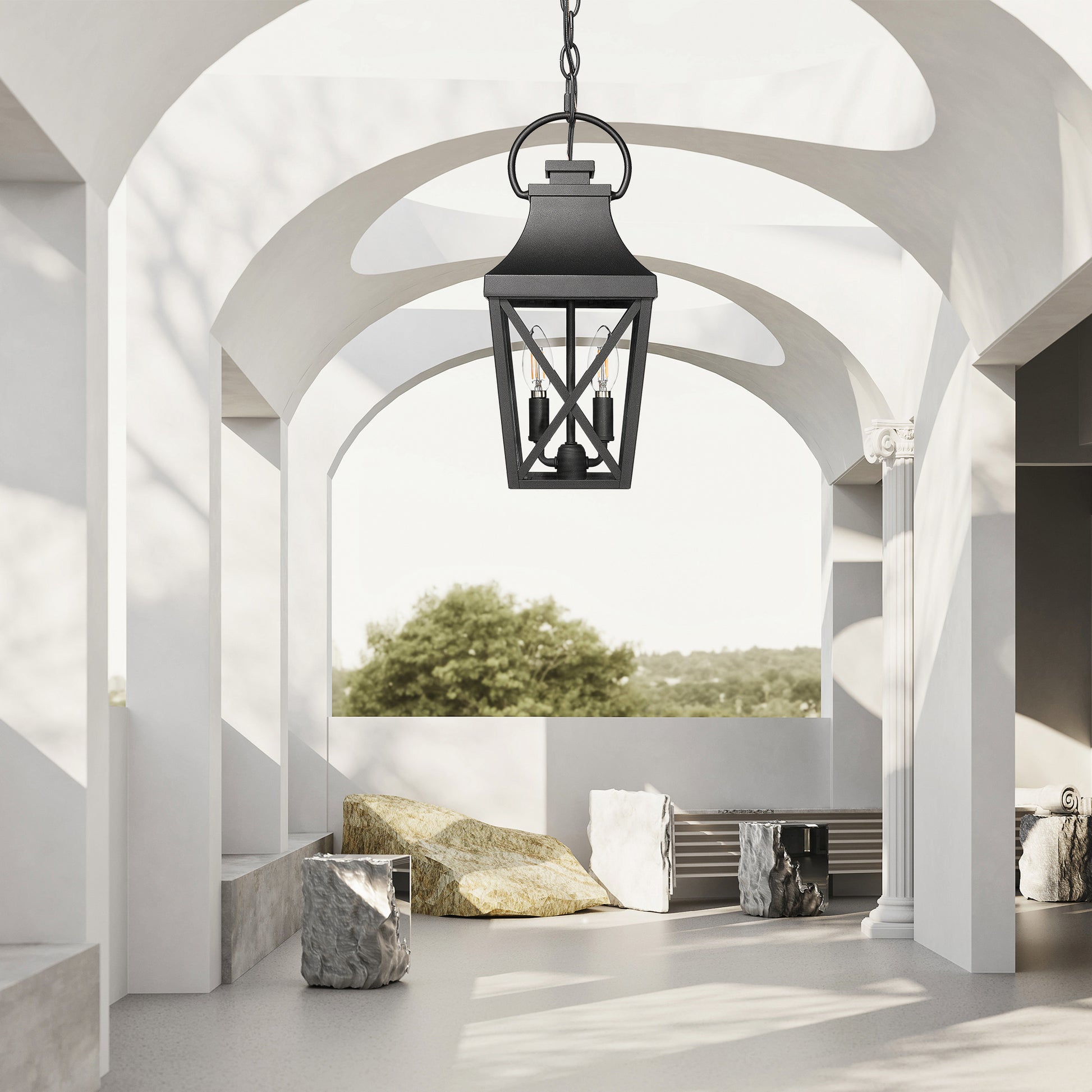 Black traditional hanging lantern with two bulbs