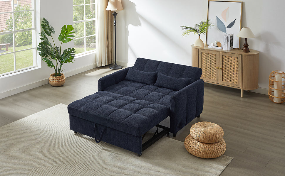 Navy blue tufted sofa bed with pullout extension