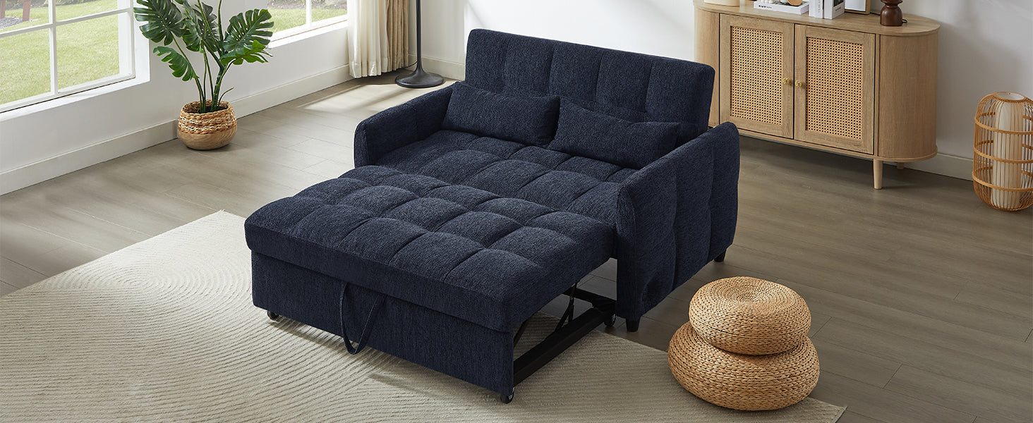 Navy blue tufted convertible sofa bed with storage