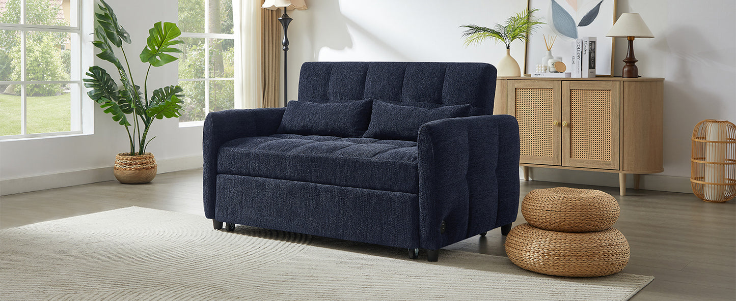 Navy blue tufted sleeper sofa with plush cushions