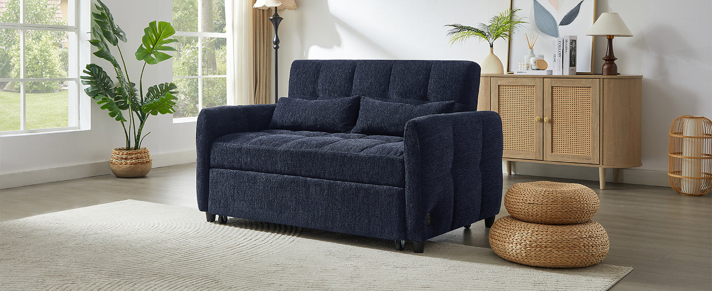 Navy blue tufted sleeper sofa with plush cushions