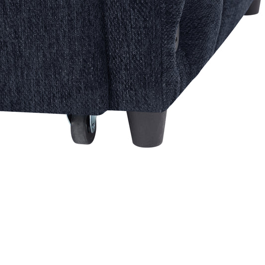 Dark blue textured fabric detail on a rolling suitcase base