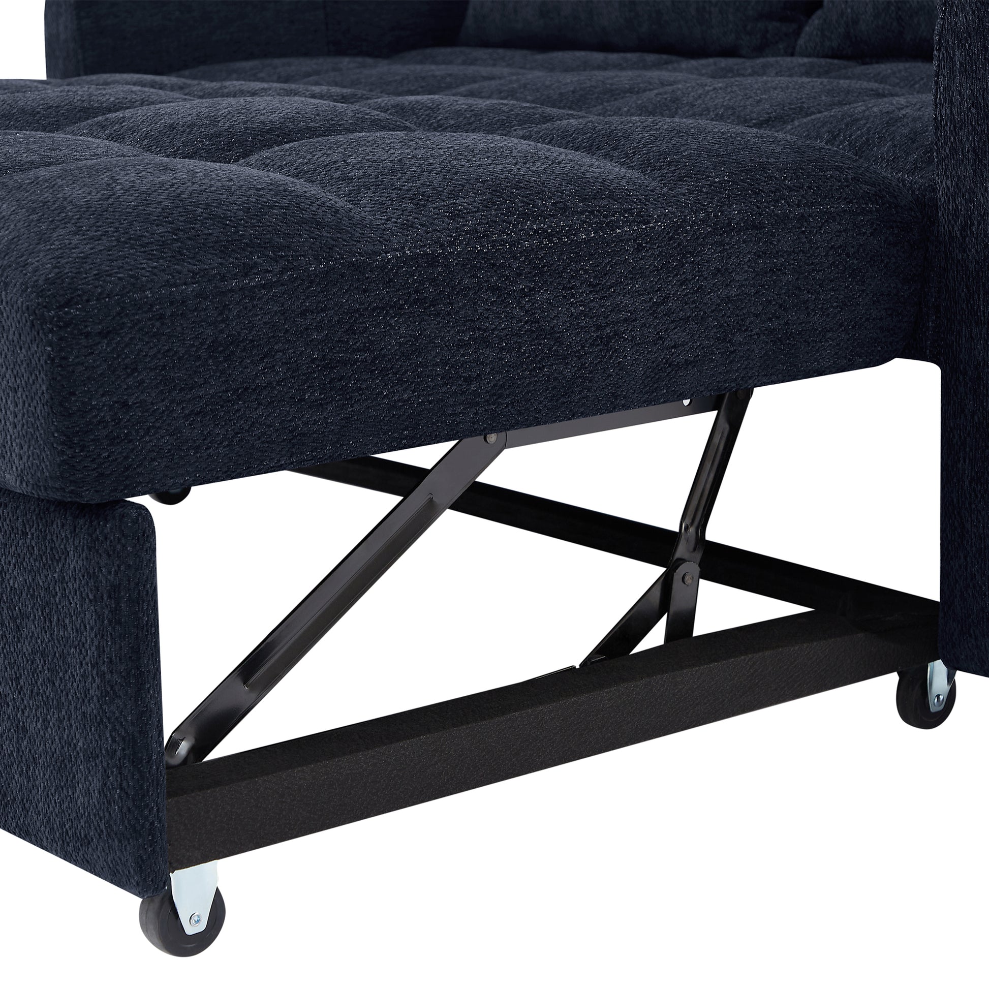 Dark navy tufted fabric sofa bed mechanism with wheels