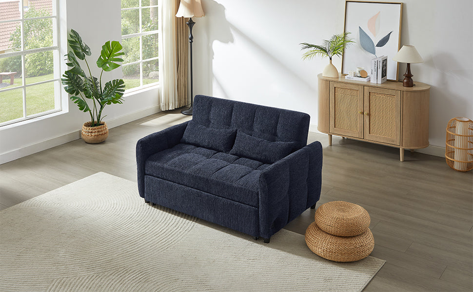 Navy blue tufted upholstered sofa bed with modern clean lines