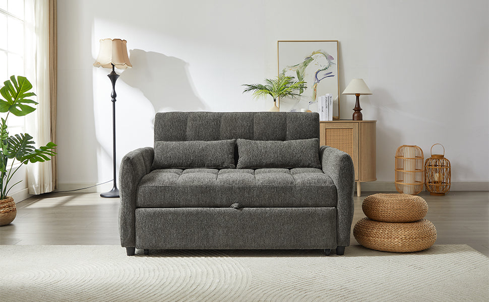 Dark grey tufted sleeper sofa with pullout bed