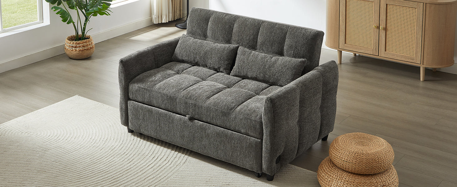 Gray fabric sofa bed with tufted cushions and storage