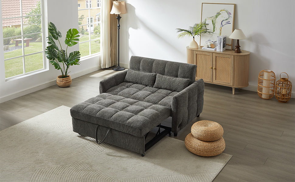 Gray sectional sofa bed with quilted upholstery and pullout mattress