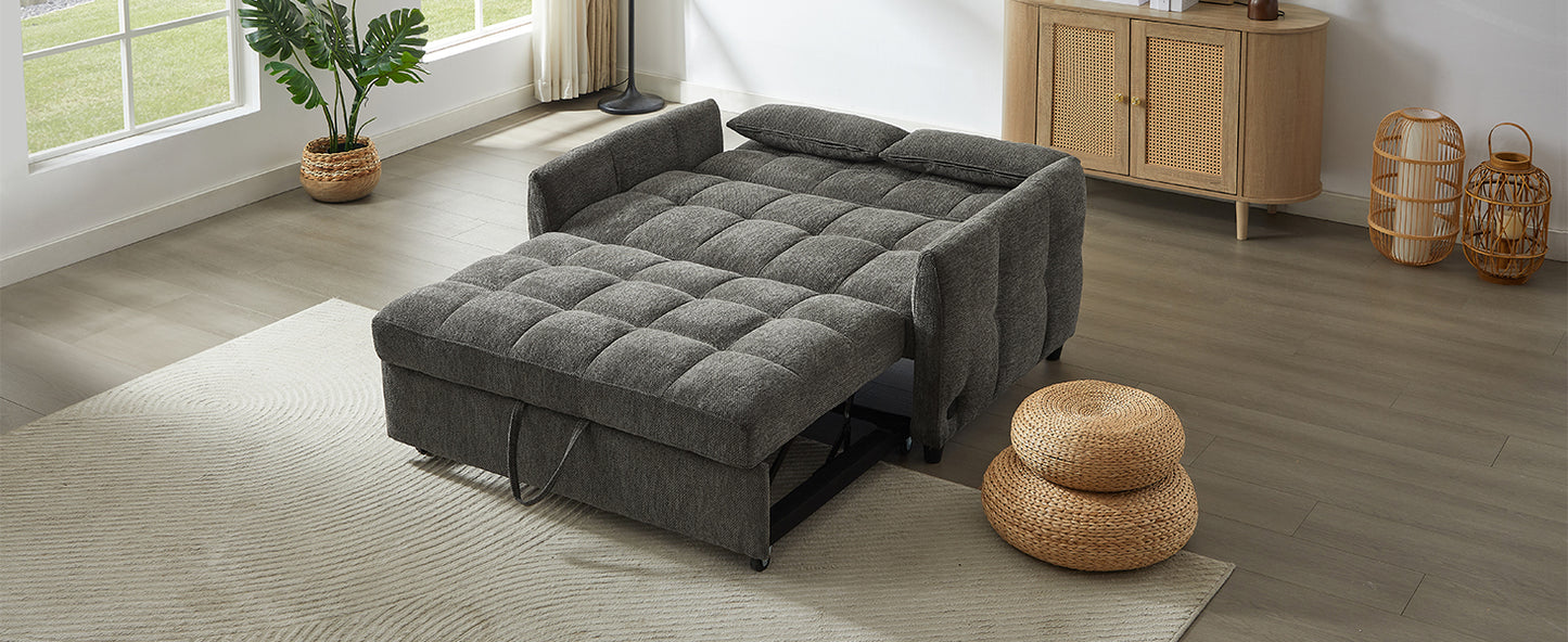 Gray fabric sectional sofa bed with tufted cushions and pullout storage
