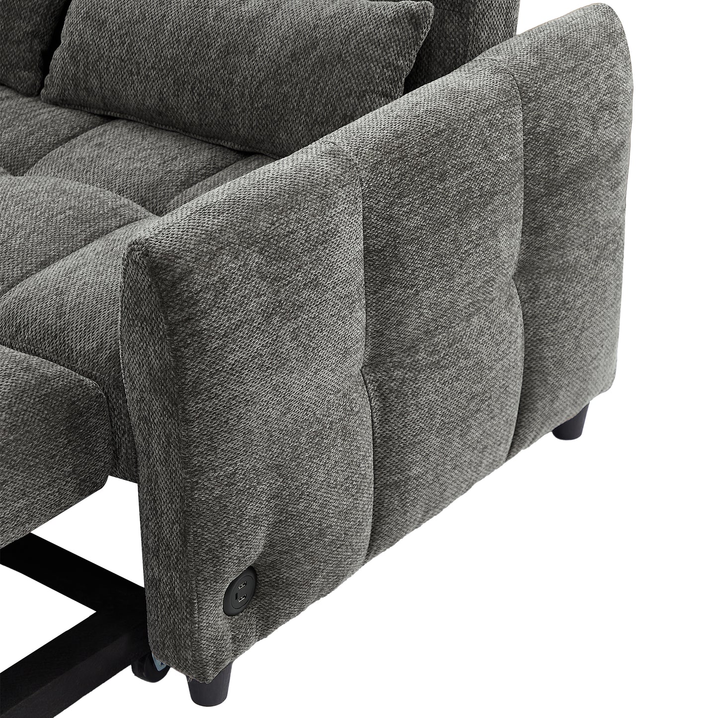 Gray textured fabric sectional sofa armrest with builtin USB charger