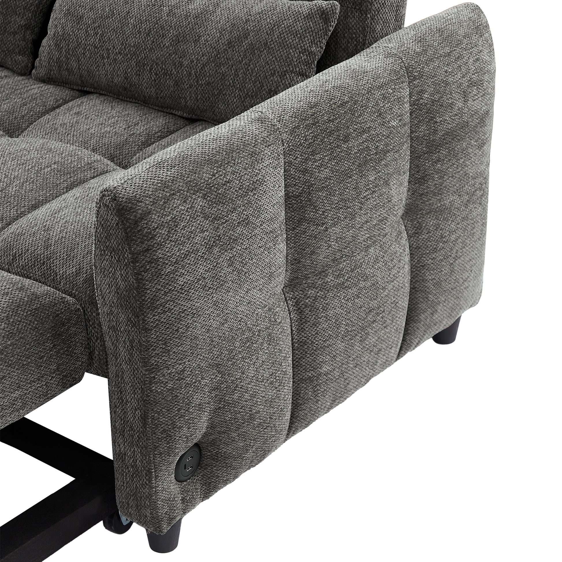 Gray textured fabric sectional sofa armrest with builtin USB charger