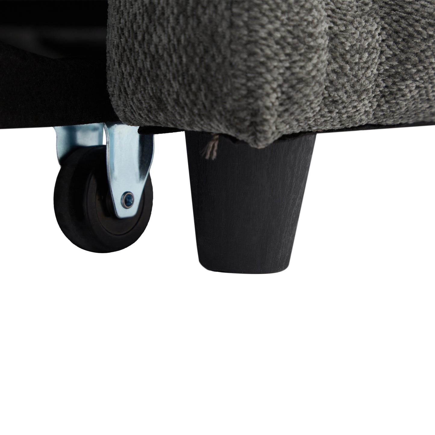 Gray fabric armchair with black wood legs and casters for easy mobility