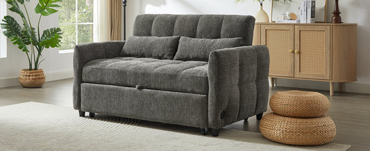 Dark gray upholstered sofa bed with tufted cushions and two lumbar pillows