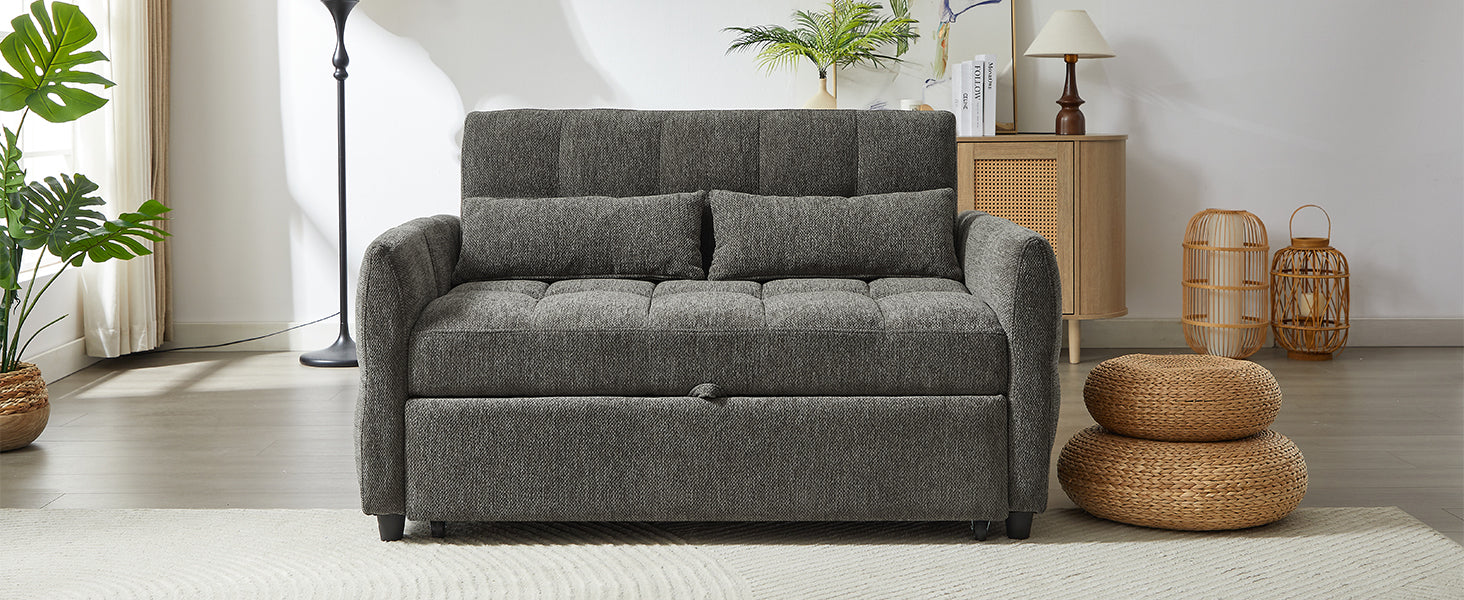 Tufted grey fabric sofa bed with two lumbar pillows and hidden storage