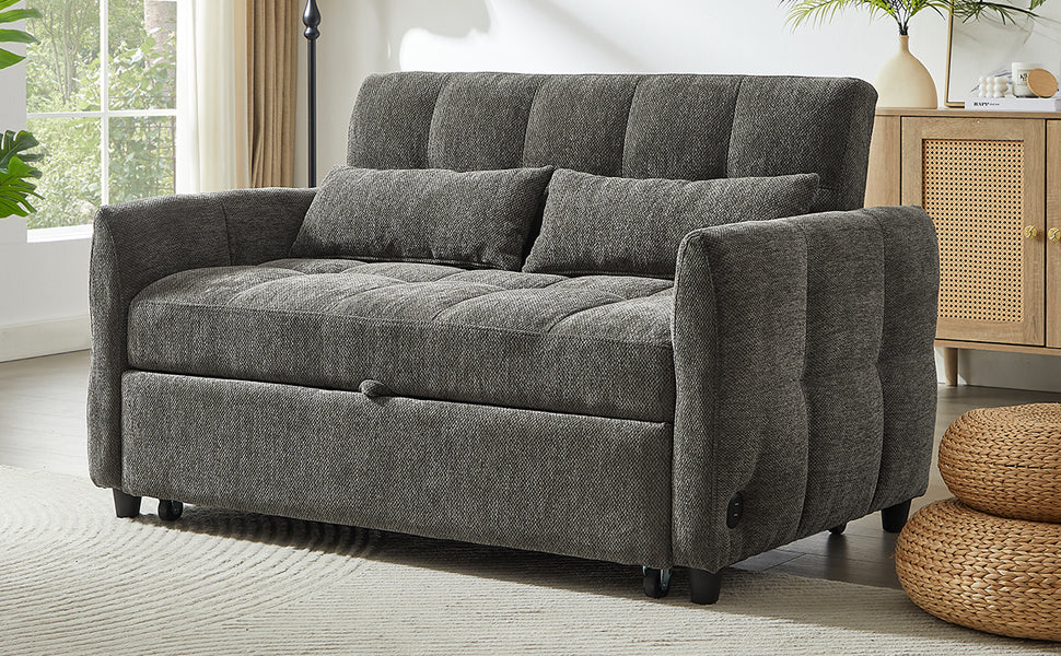 Dark gray upholstered sofa bed with tufted back and seat