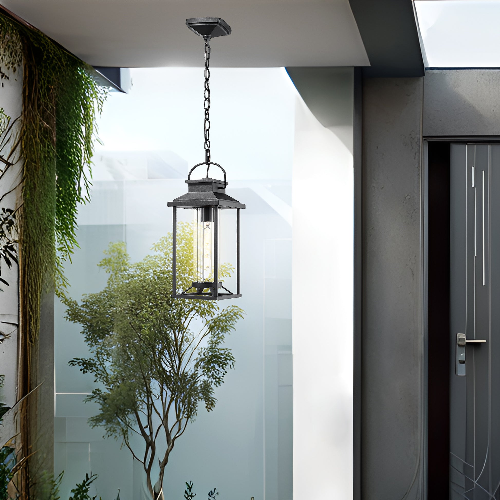 Black metal traditional lantern pendant light with clear glass
