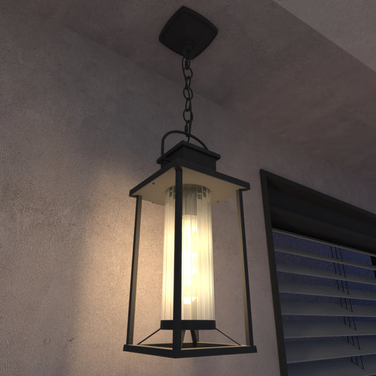 Black modern lantern pendant light with fluted glass shade