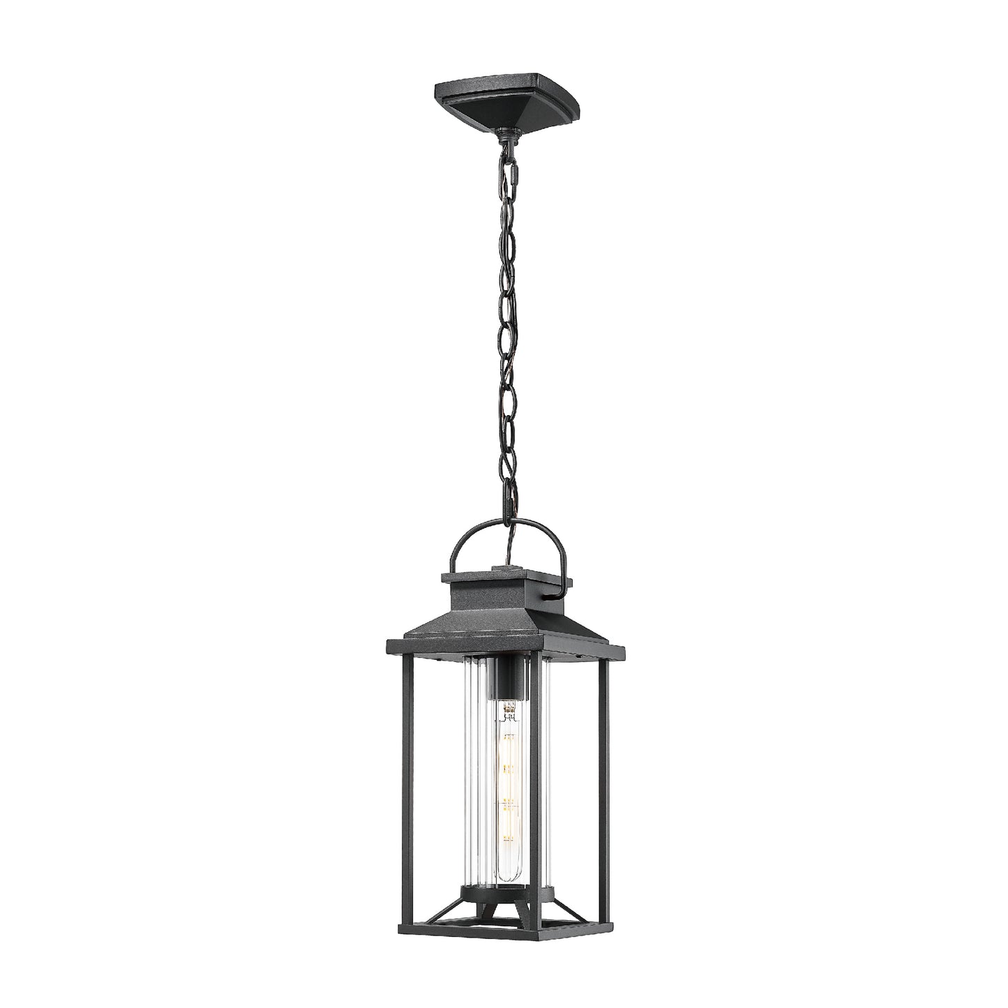 Black metal hanging lantern with clear glass cylinder shade and Edison bulb