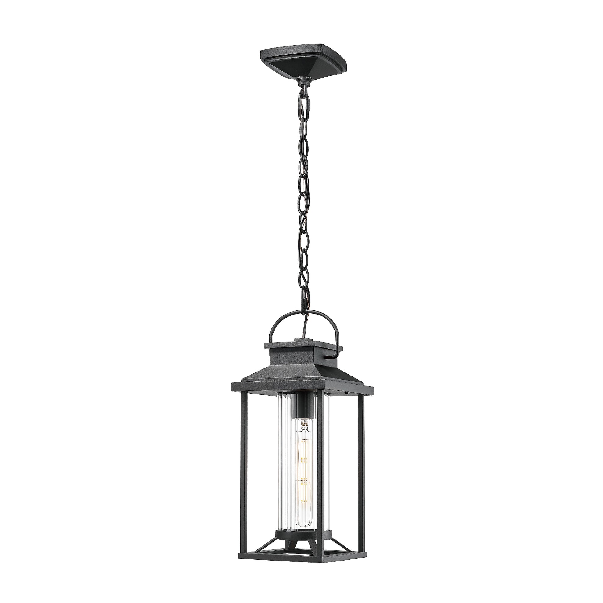 Black metal hanging lantern with clear glass cylinder shade and Edison bulb