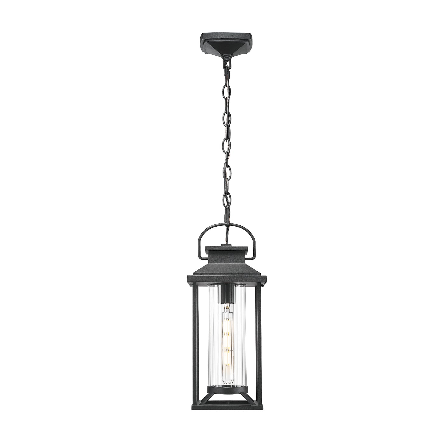 Black metal lantern pendant light with clear glass cylinder shade