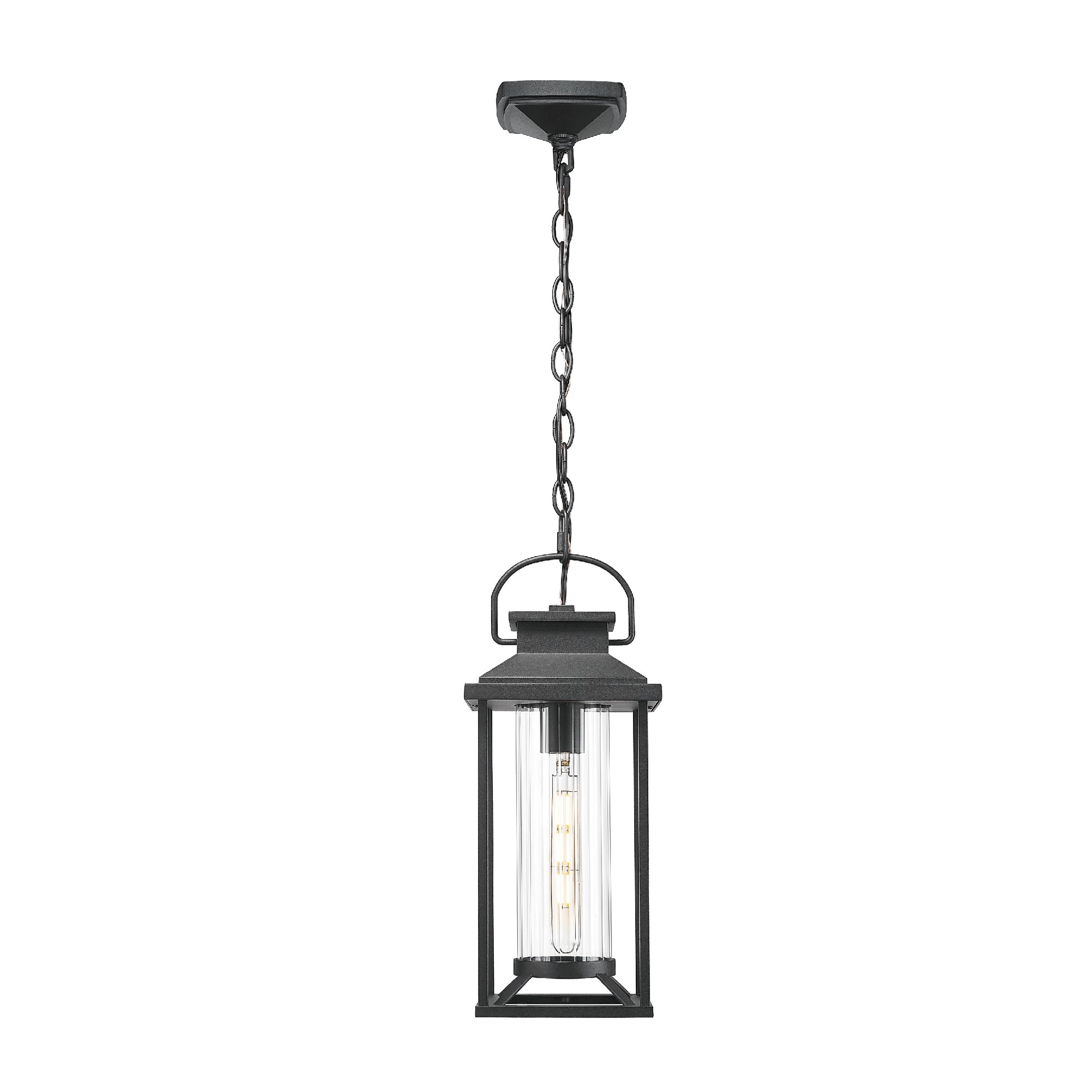 Black metal lantern pendant light with clear glass cylinder shade