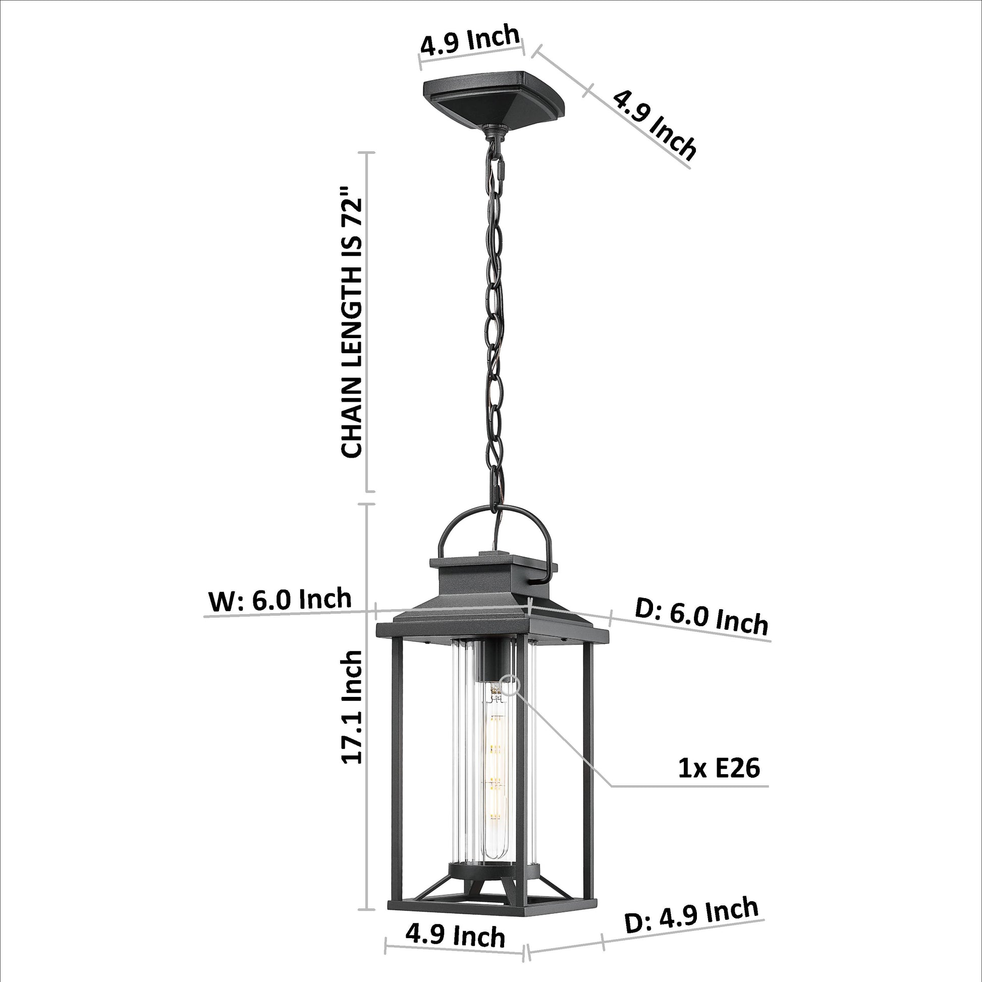 Black metal outdoor lantern with chain