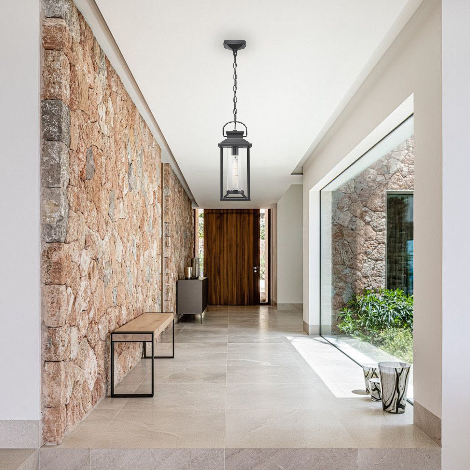 Black modern lantern pendant light with glass panels