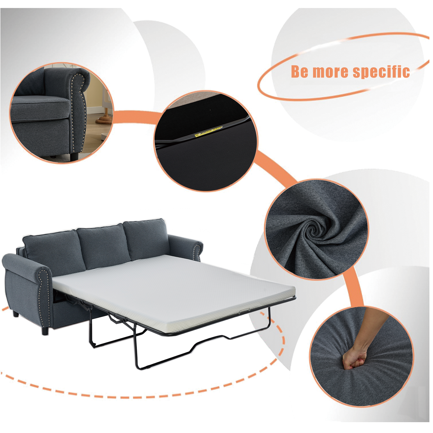 Dark grey fabric sofa bed with mattress pulled out