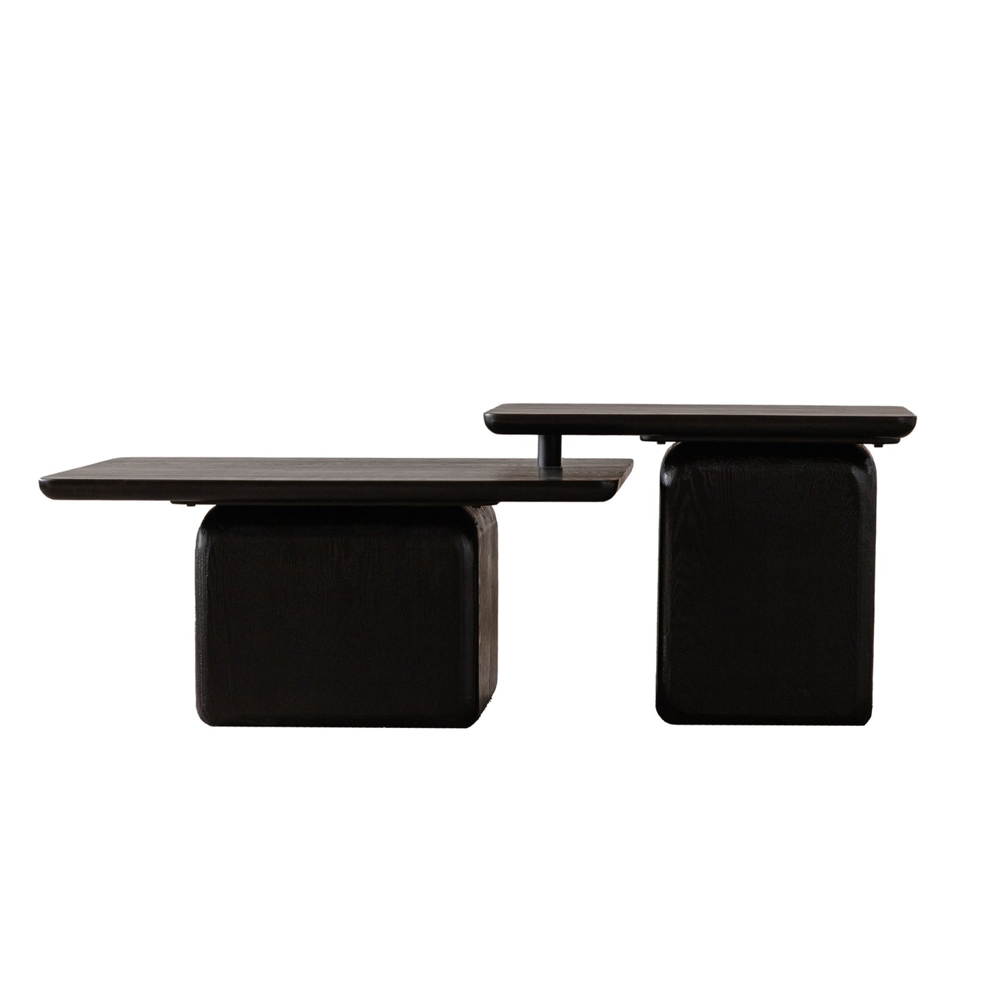 Dark oak coffee table with tiered surfaces and block base