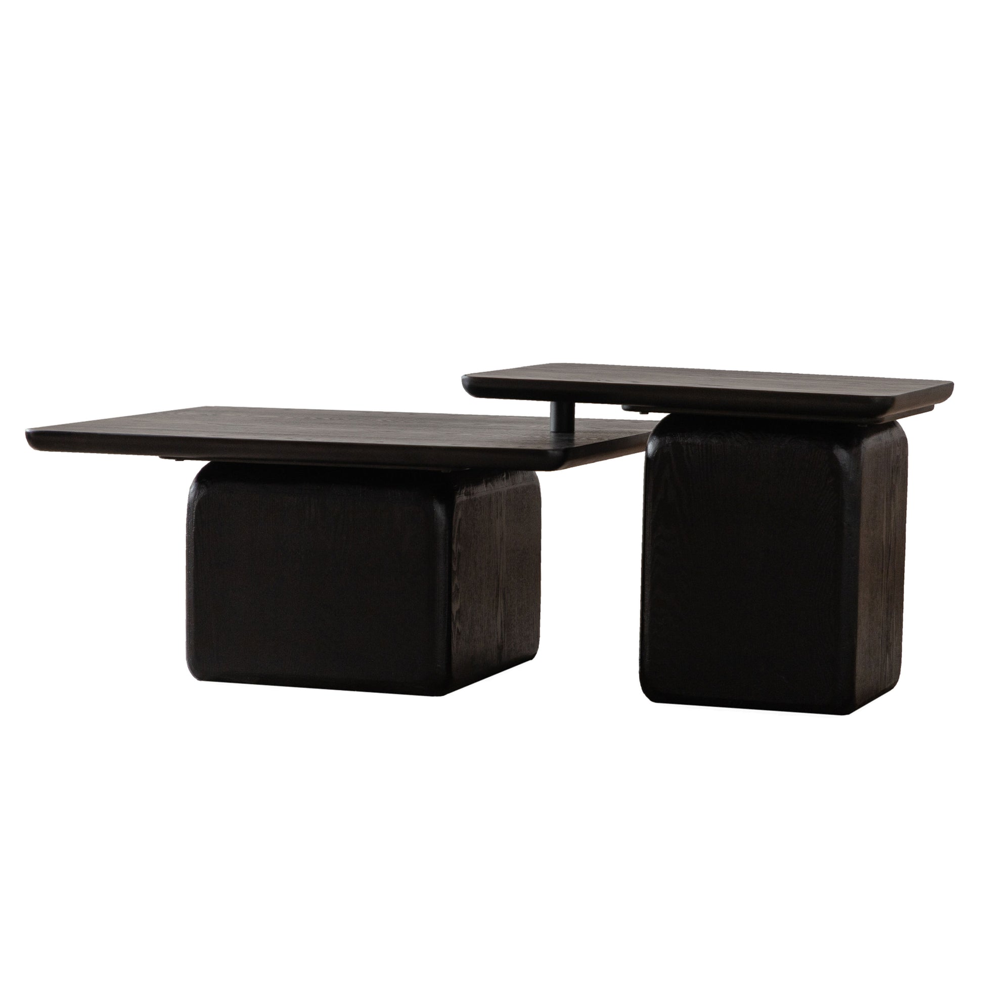 Modern dark wood coffee table with staggered tabletop and block base