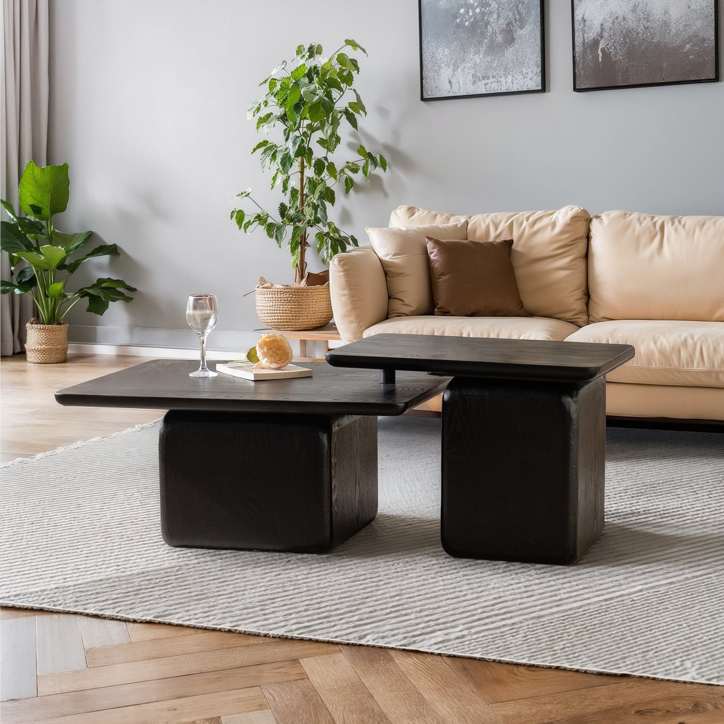 Dark wood nesting coffee table with textured base