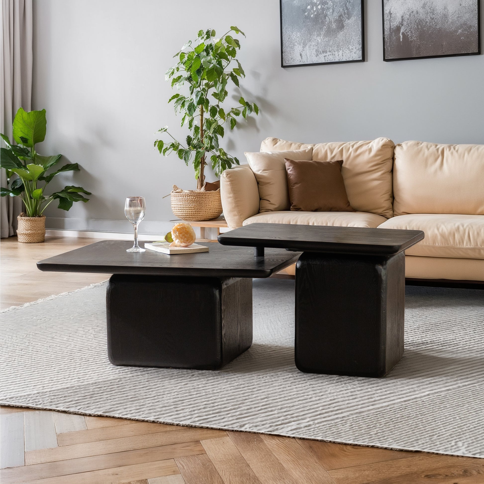 Dark wood nesting coffee table with textured base