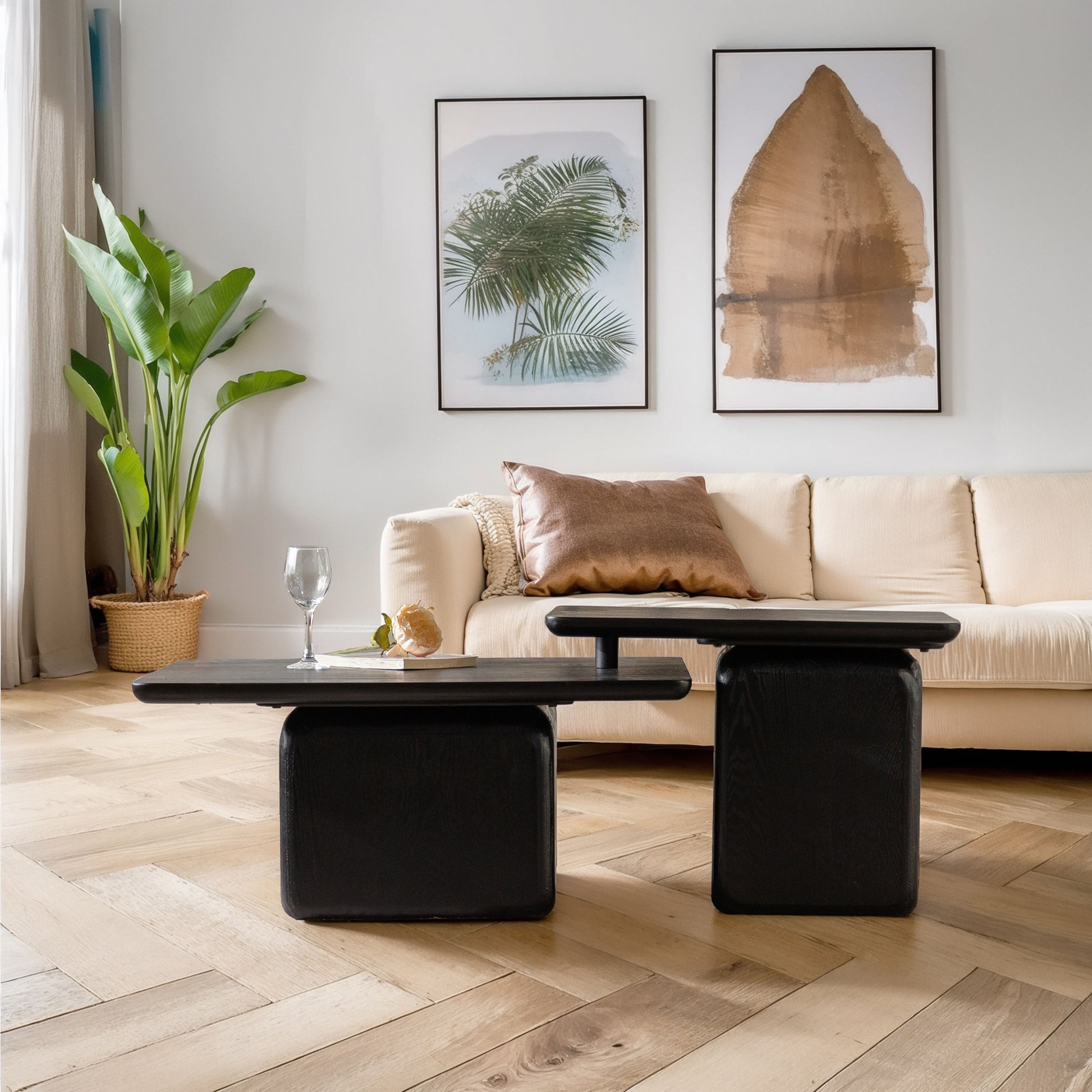 Sleek black wood coffee table with modern geometric design