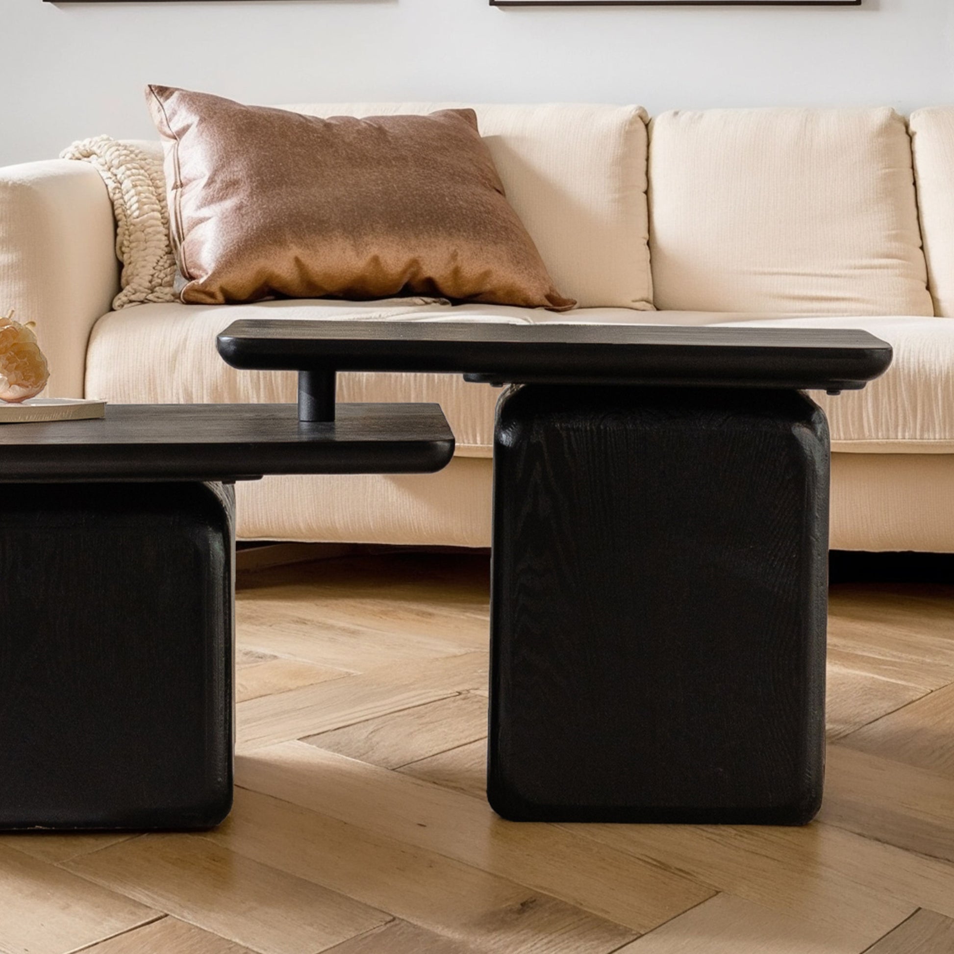 Modern black wooden side table with textured base