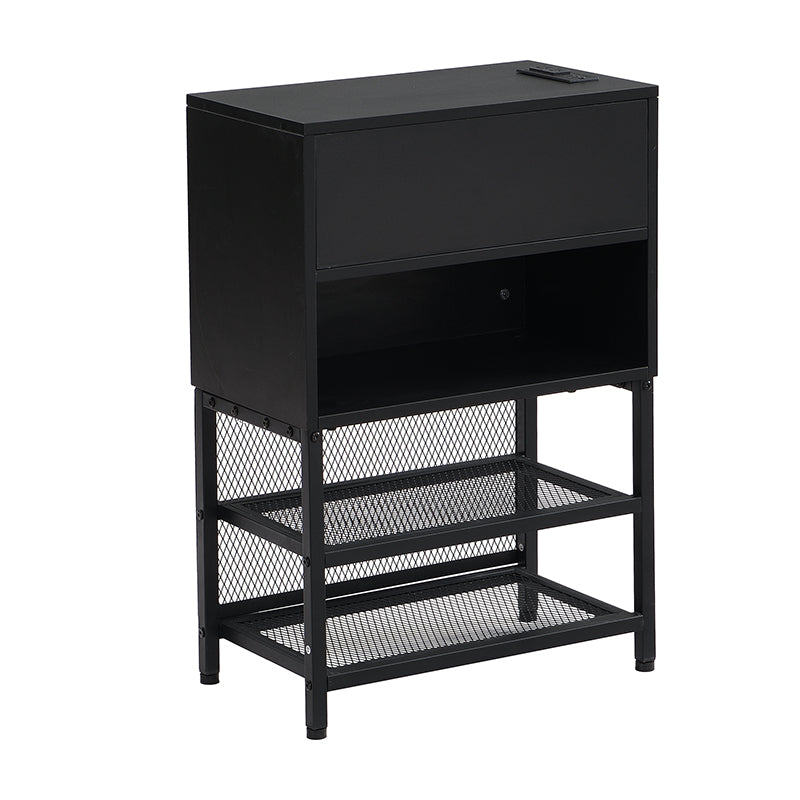 Black metal and wood console table with  mesh shelves and  open shelf