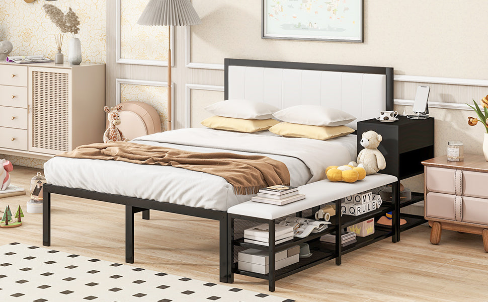Black metal twin bed frame with white upholstered headboard