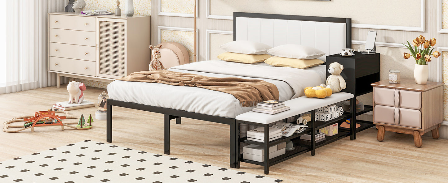 Black metal queen bed frame with white upholstered headboard