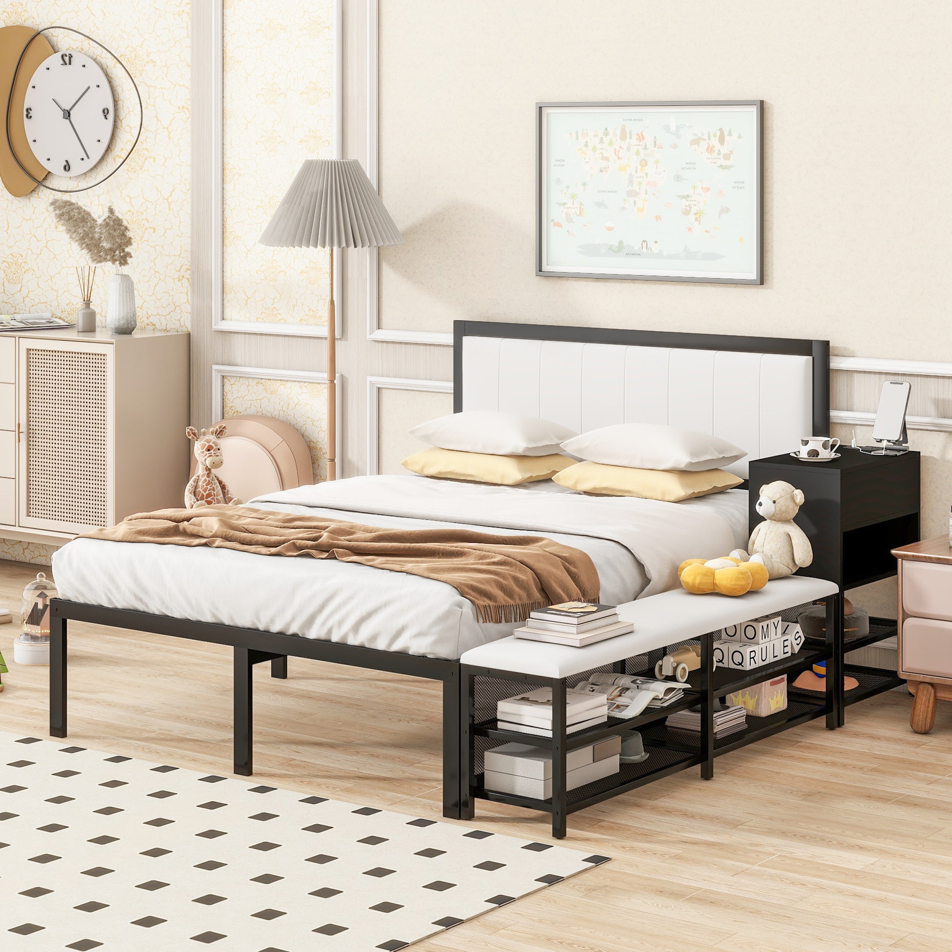 Black metal bed frame with white upholstered headboard and builtin shoe bench