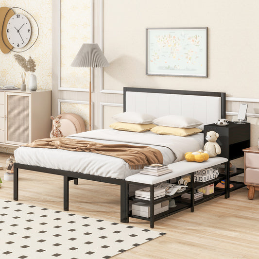 Black metal bed frame with white upholstered headboard and builtin shoe bench