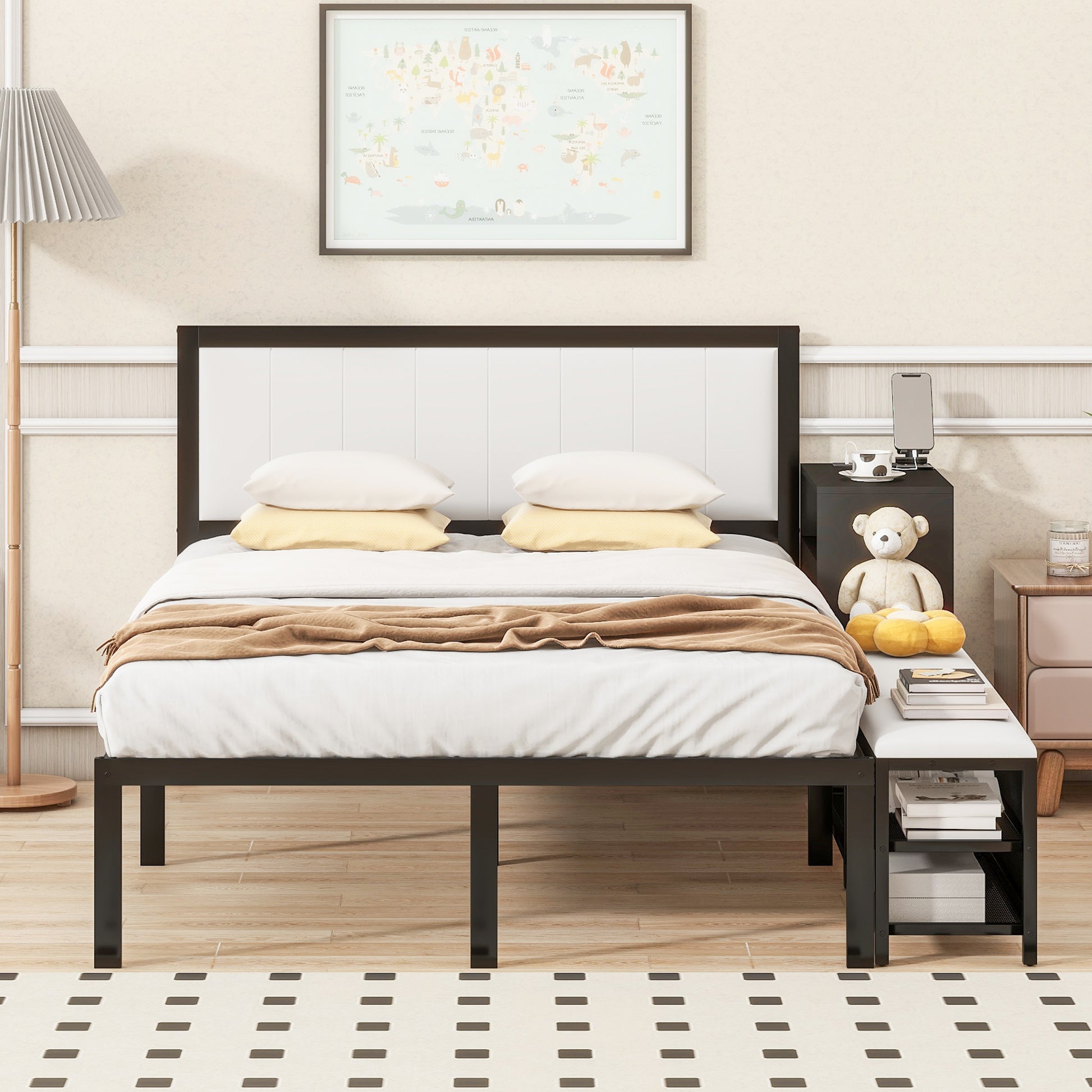 Black metal bed frame with white upholstered headboard and wood accents