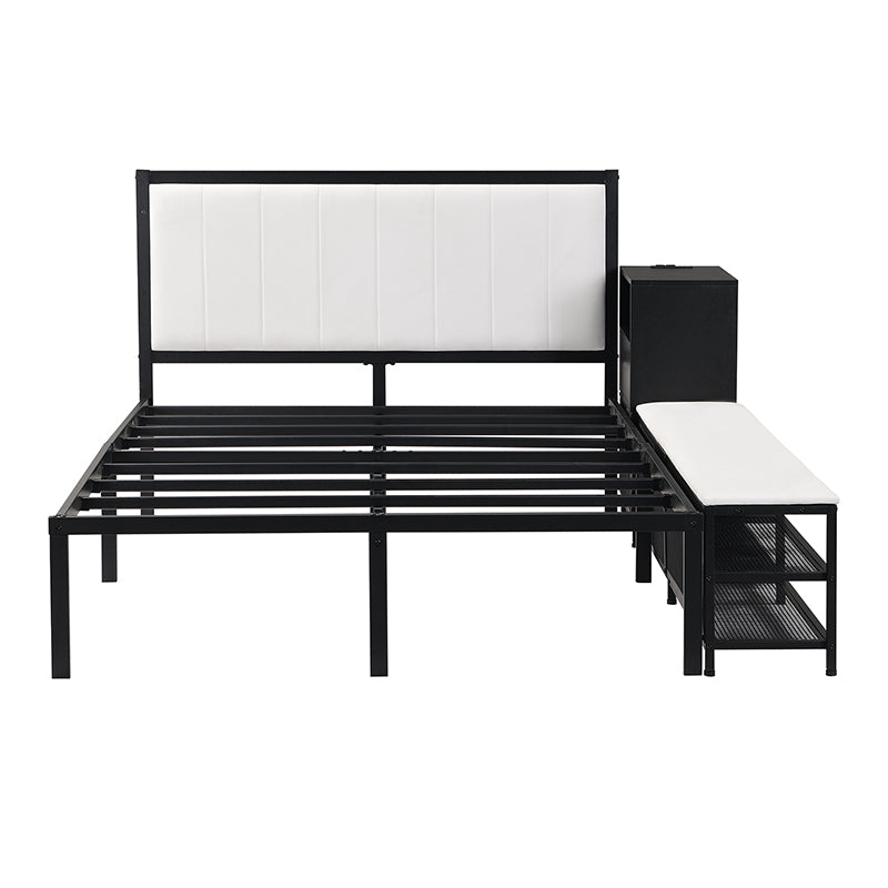 Black metal bed frame with white upholstered headboard and builtin bench