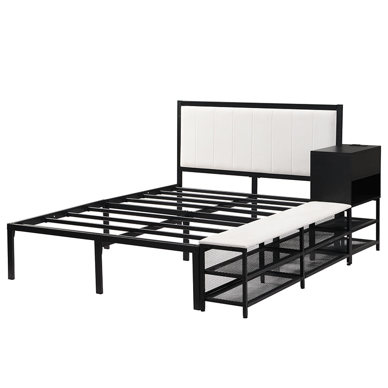 Black metal bed frame with white upholstered headboard and integrated bench