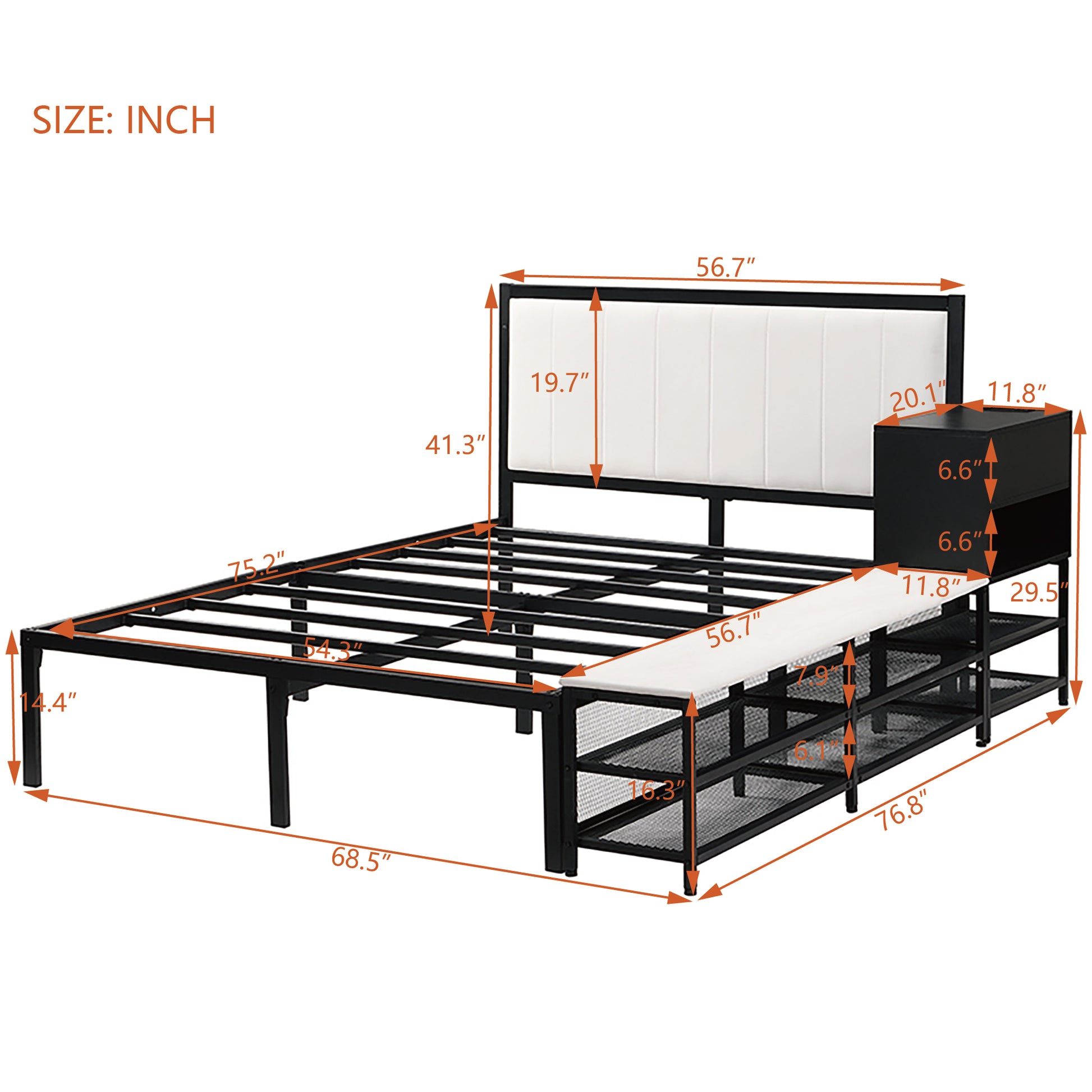 Black metal platform bed frame with white upholstered headboard and integrated storage