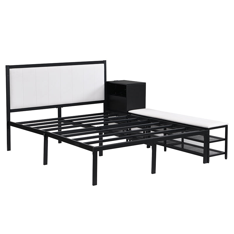 Black metal bed frame with white upholstered headboard and attached nightstand
