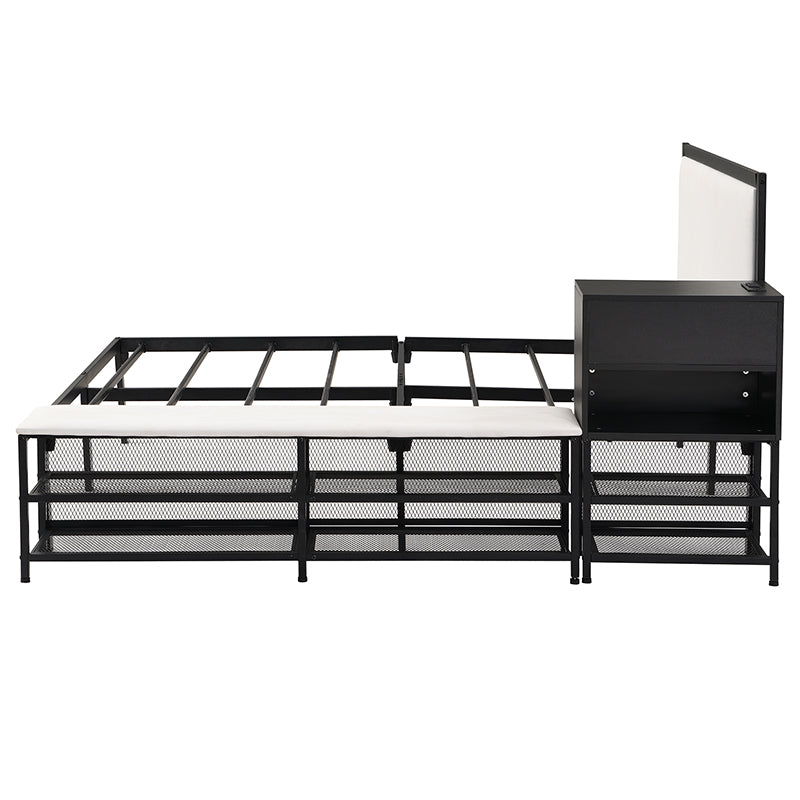 Black metal bed frame with integrated white upholstered bench and multitier shelving unit