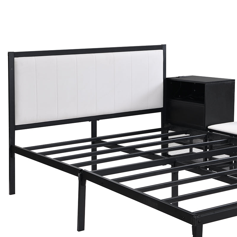 Black metal bed frame with white upholstered headboard